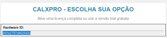 Tela do CALXPRO mostrando o campo Hardware ID